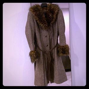 DKNY herringbone faux fur coat. Medium